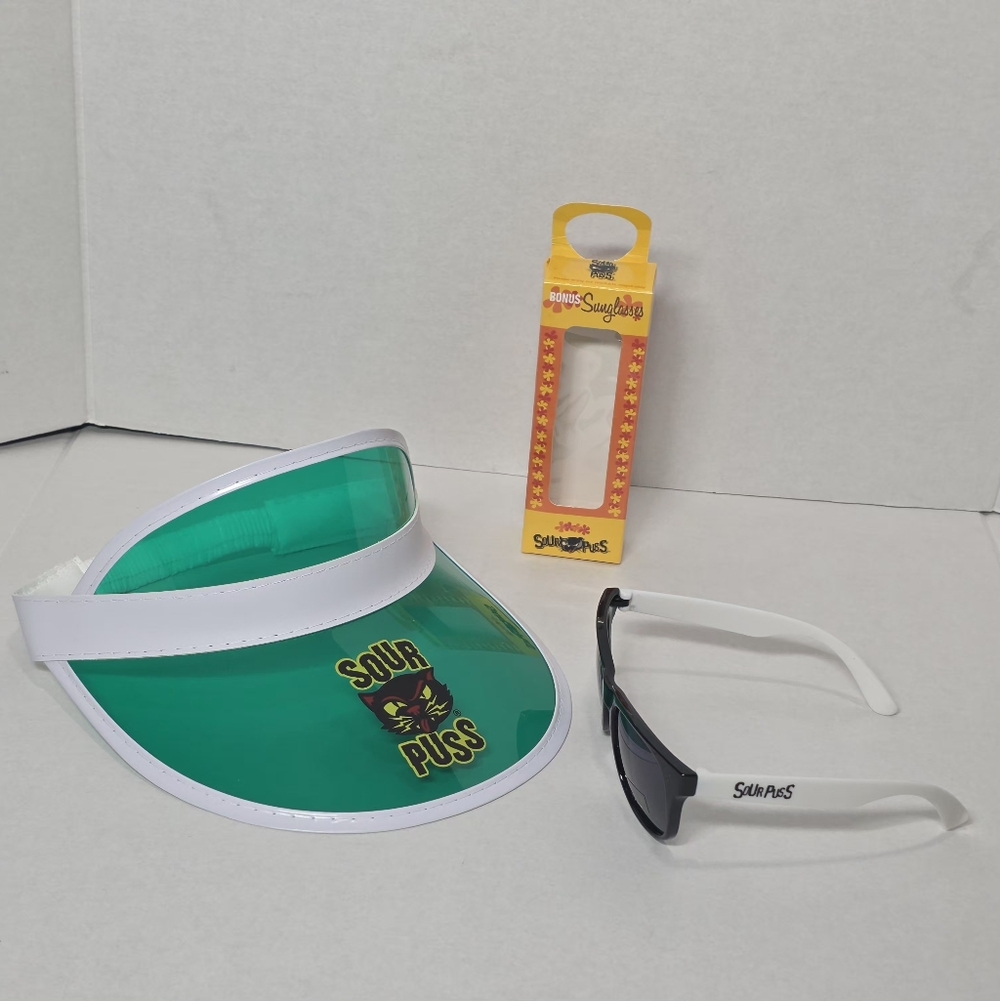 New Rare SourPuss Transparent Green Sun Visor Hat & SourPuss Sunglasses